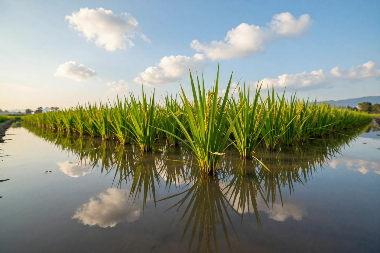 A rice paddy reflecting the sky like a mirror