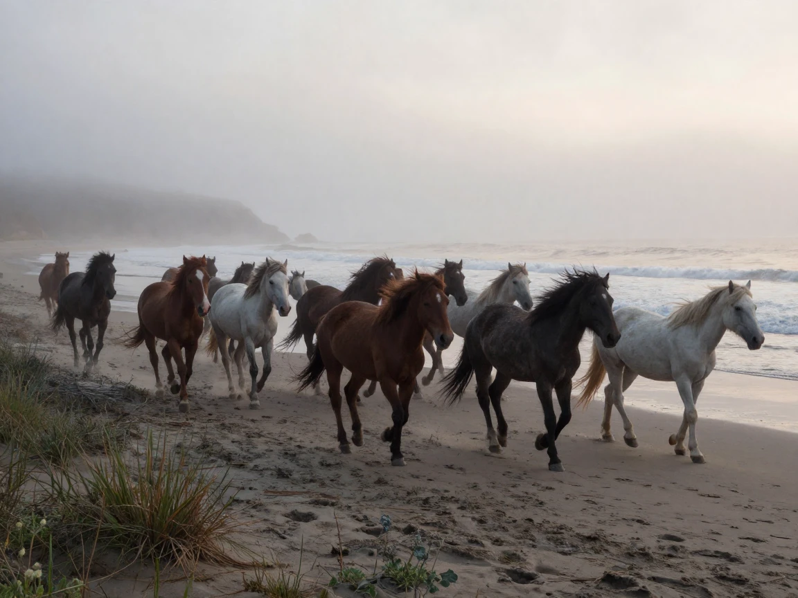A herd of wild ponies gallops along a foggy coastline at dawn.