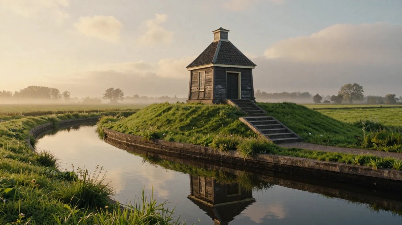 A mountaintop shrine reached by stone steps standing quietly along a quiet canal in the Netherlands