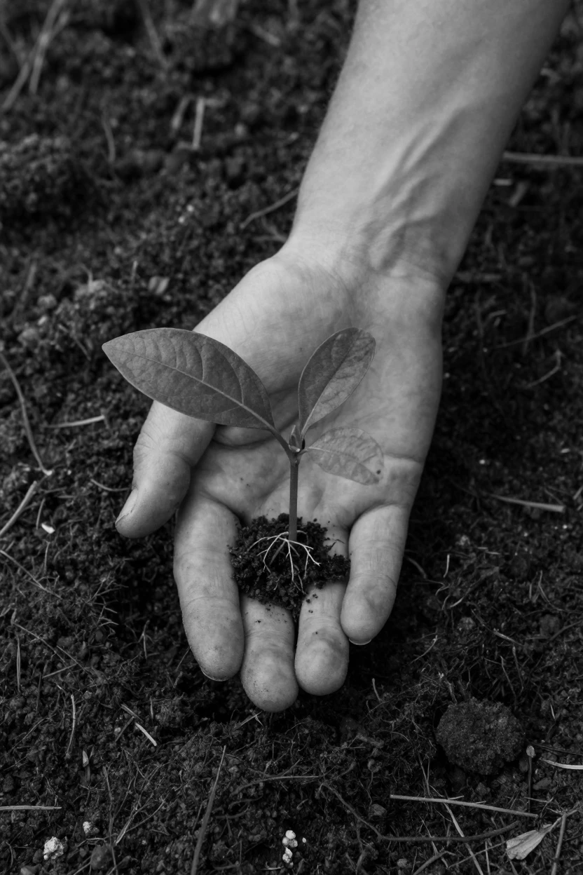 A hand holding a seedling cradles new life about to be planted above freshly turned garden soil.