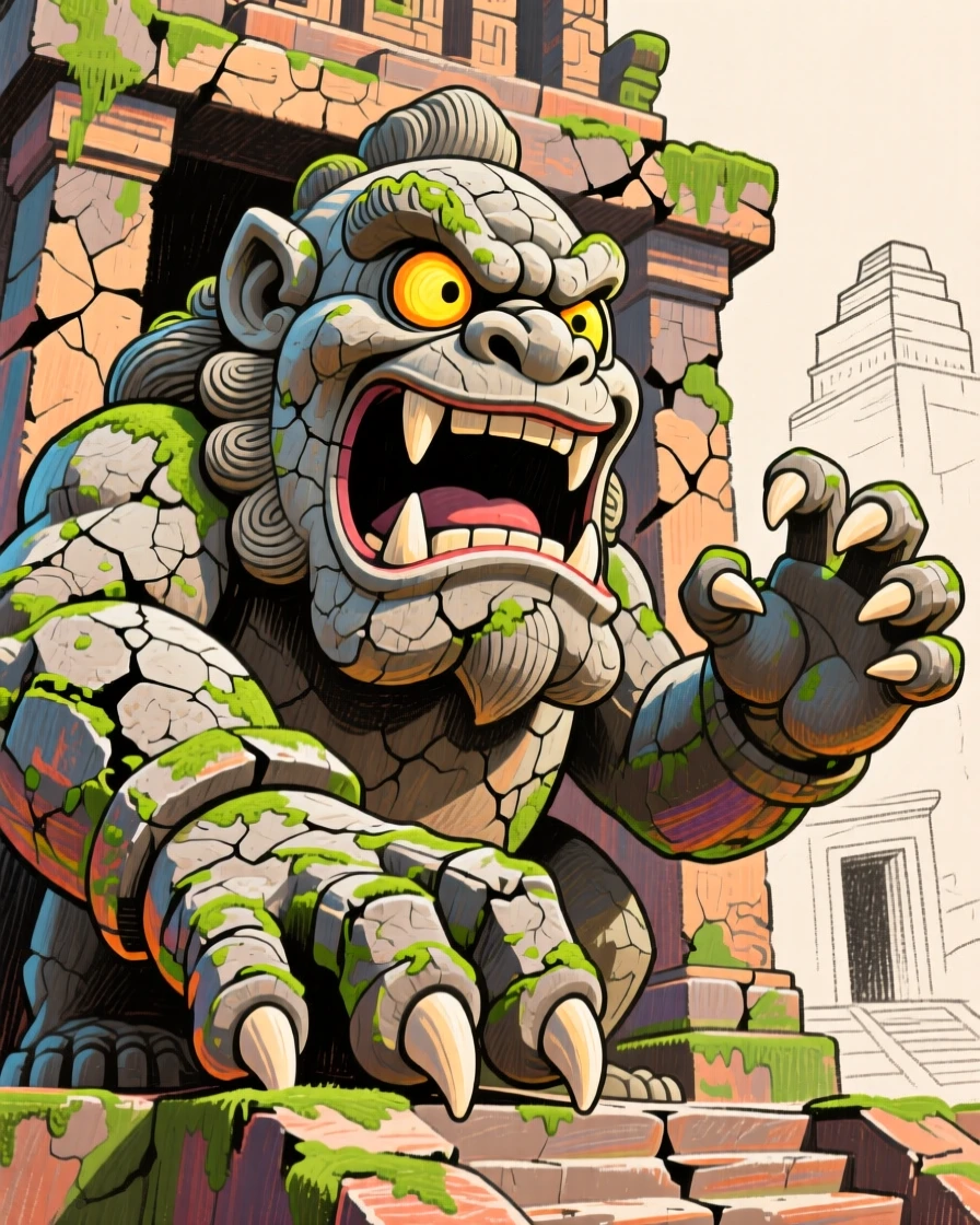 A colossal stone guardian statue awakening to protect an ancient temple.