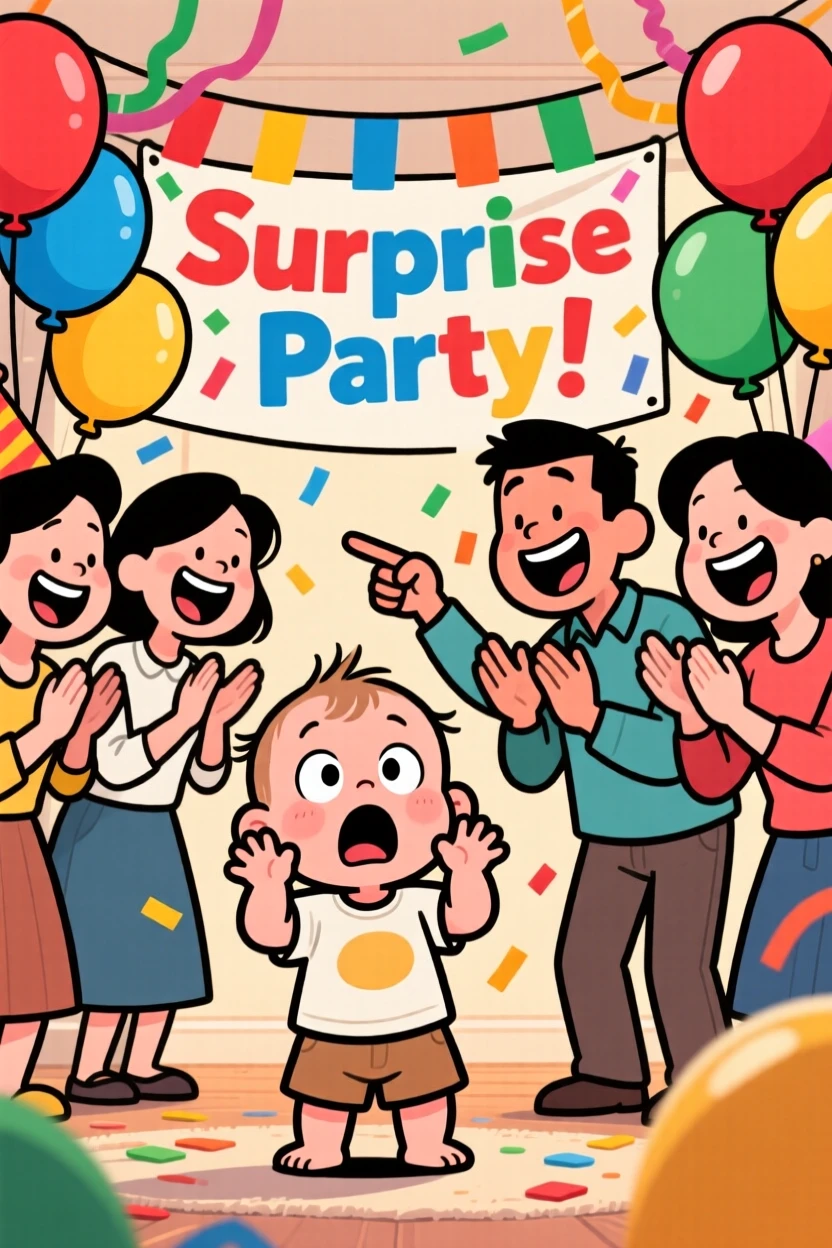 A funny expressive moment showing a toddler reacting with exaggerated shock to a surprise party, as everyone around them bursts into laughter.