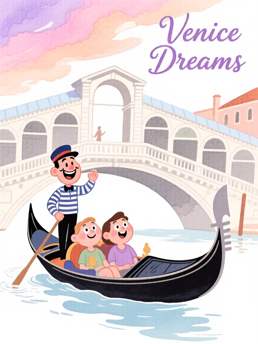A dreamy travel postcard scene of a gondola gliding past a Venetian bridge under a dramatic pastel sky