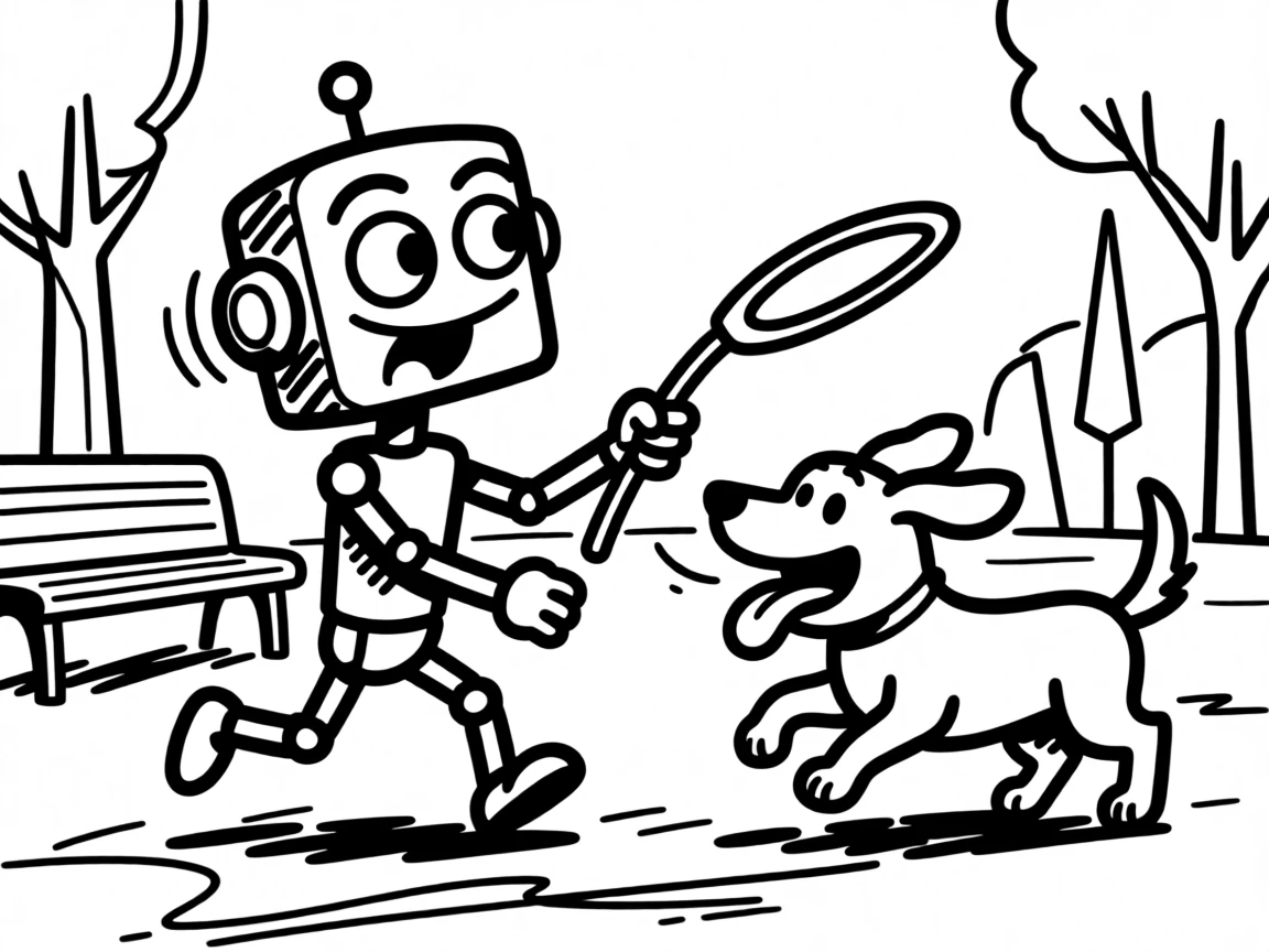 A robot and a dog becoming best friends, playing fetch in a futuristic park.