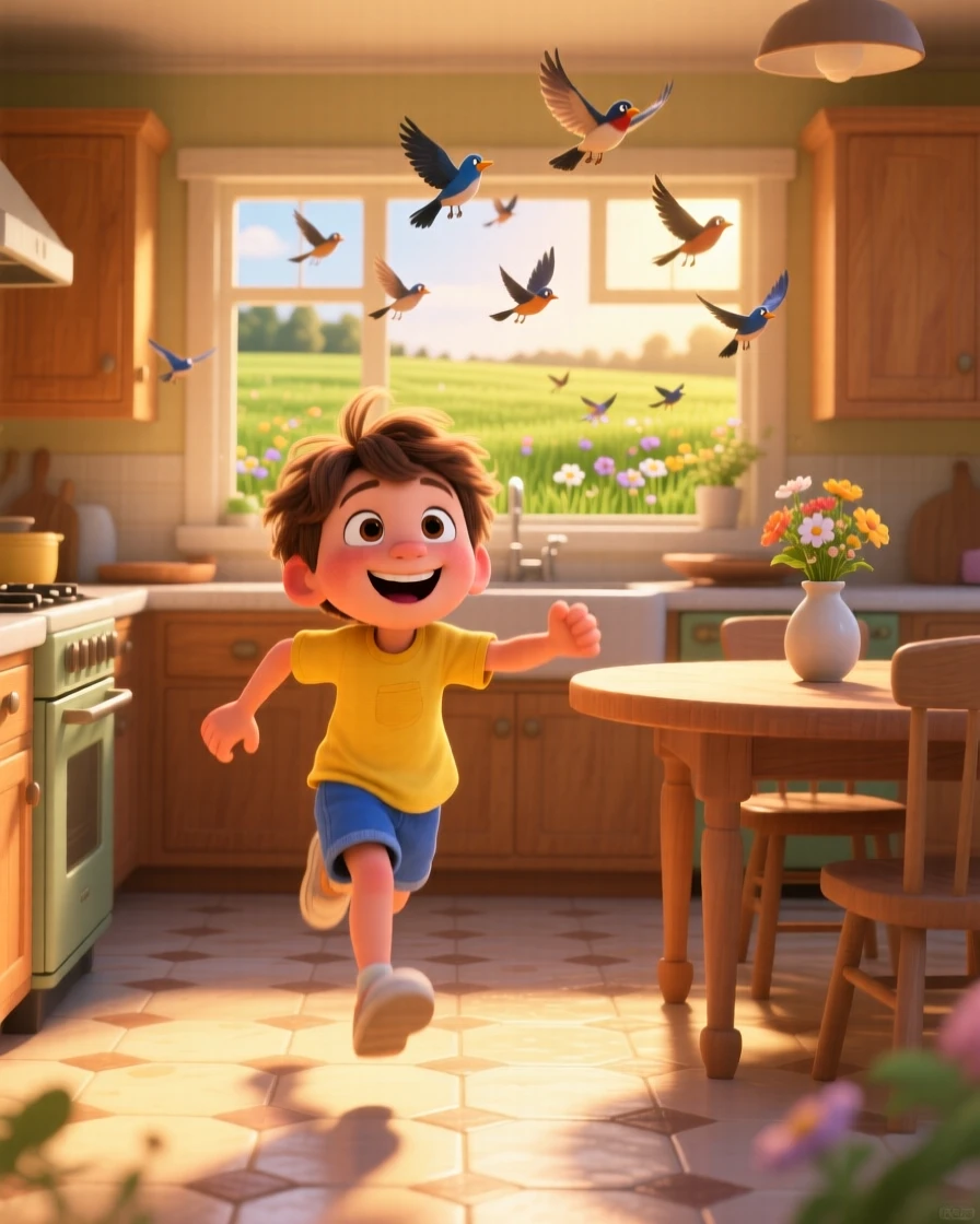 A child running through a field with arms outstretched unfolds inside a warmly lit family kitchen, with birds scattering into the sky nearby. A heartfelt sense of happiness fills the moment.
