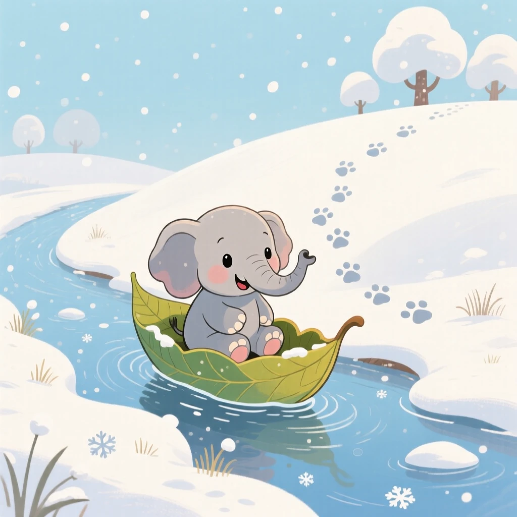 In a snow-covered hill, a wobbly baby elephant spends the afternoon riding a leaf boat down a stream, with tiny paw prints trailing behind.