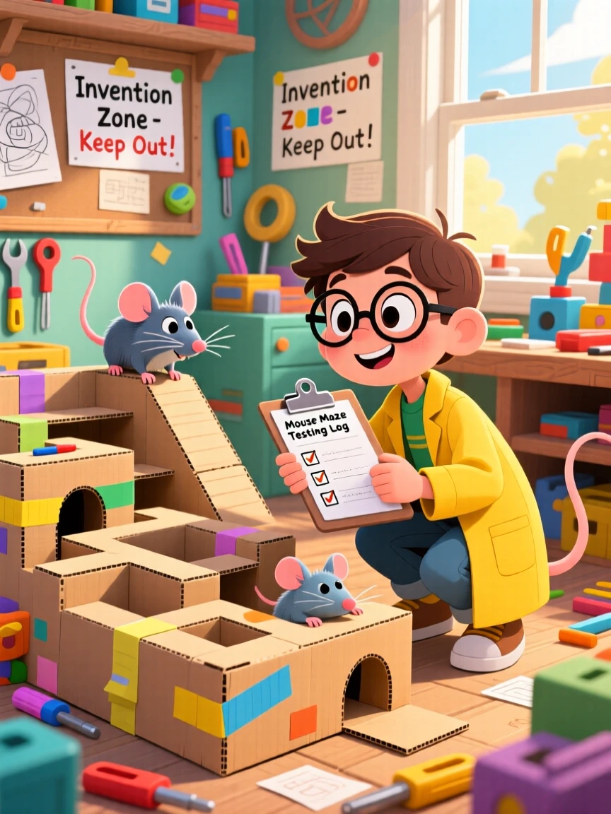 A young inventor testing a homemade cardboard maze for pet mice.