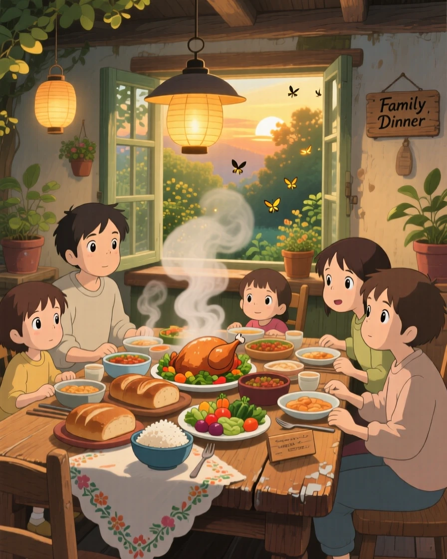 A warm, inviting scene of a rustic dinner table set for a family gathering, as steam curls gently into the air.