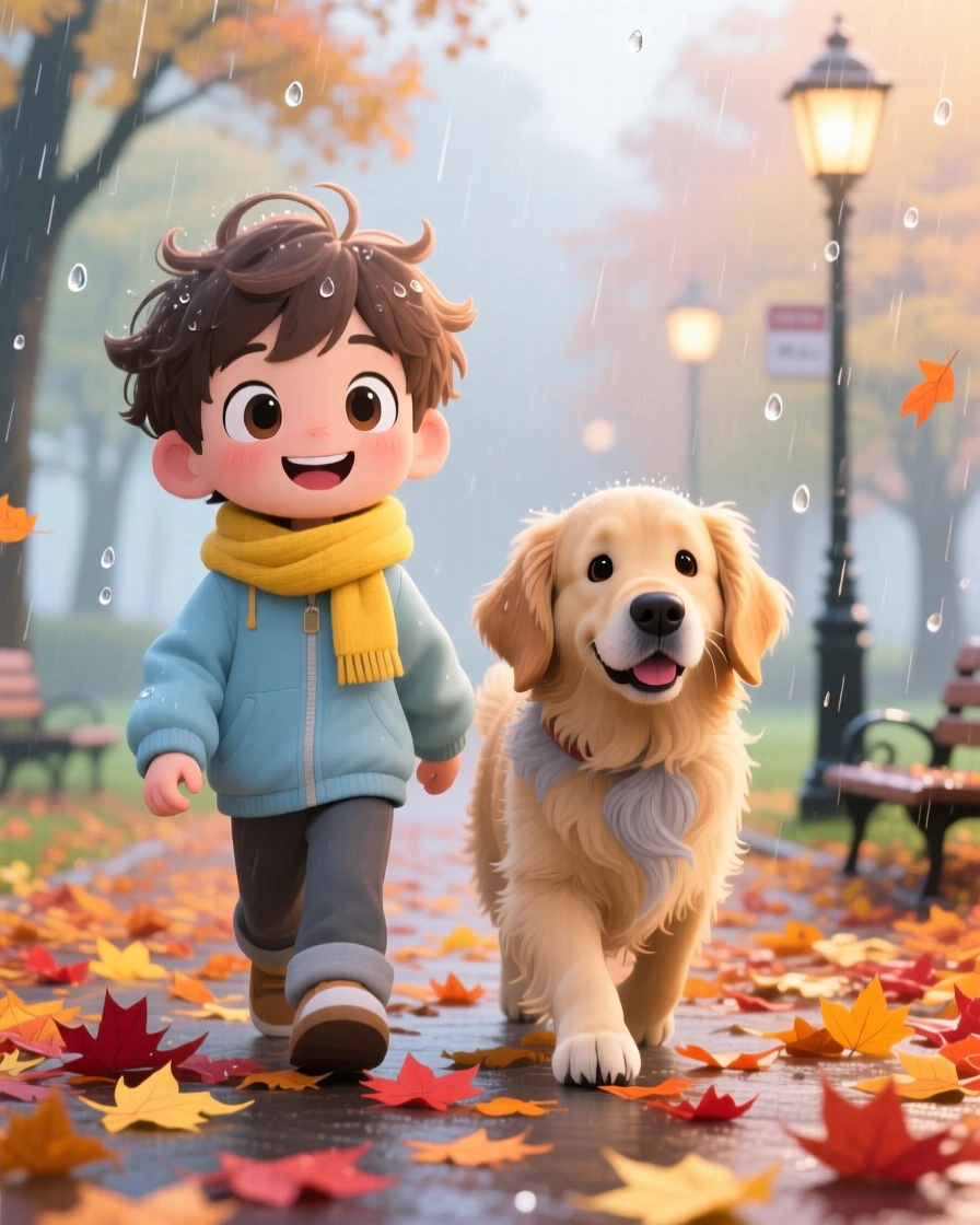 Waist-up portrait: a boy and his old dog, walking together through fallen leaves, set against a quiet autumn park during a gentle spring rain shower, with soft pastel light of dawn and a mood of bubbly enthusiasm.