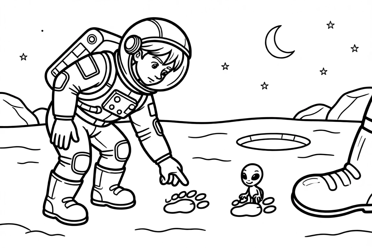 An astronaut discovering footprints of a friendly alien creature