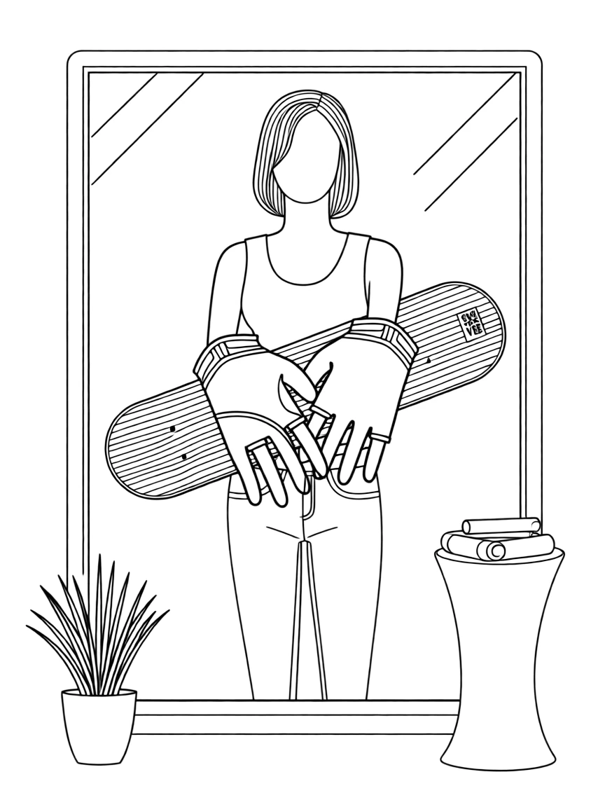A pair of fingerless gloves resting on a skateboard deck, displayed on a mannequin in a boutique window.