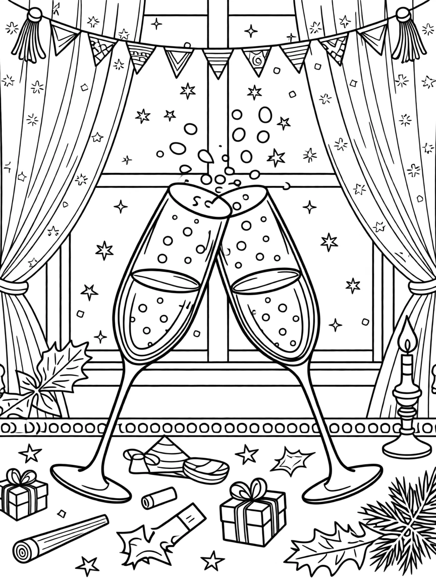 A cozy New Year's toast scene with champagne glasses and confetti.