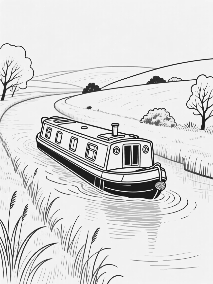 A canal boat cruising slowly through a countryside waterway
