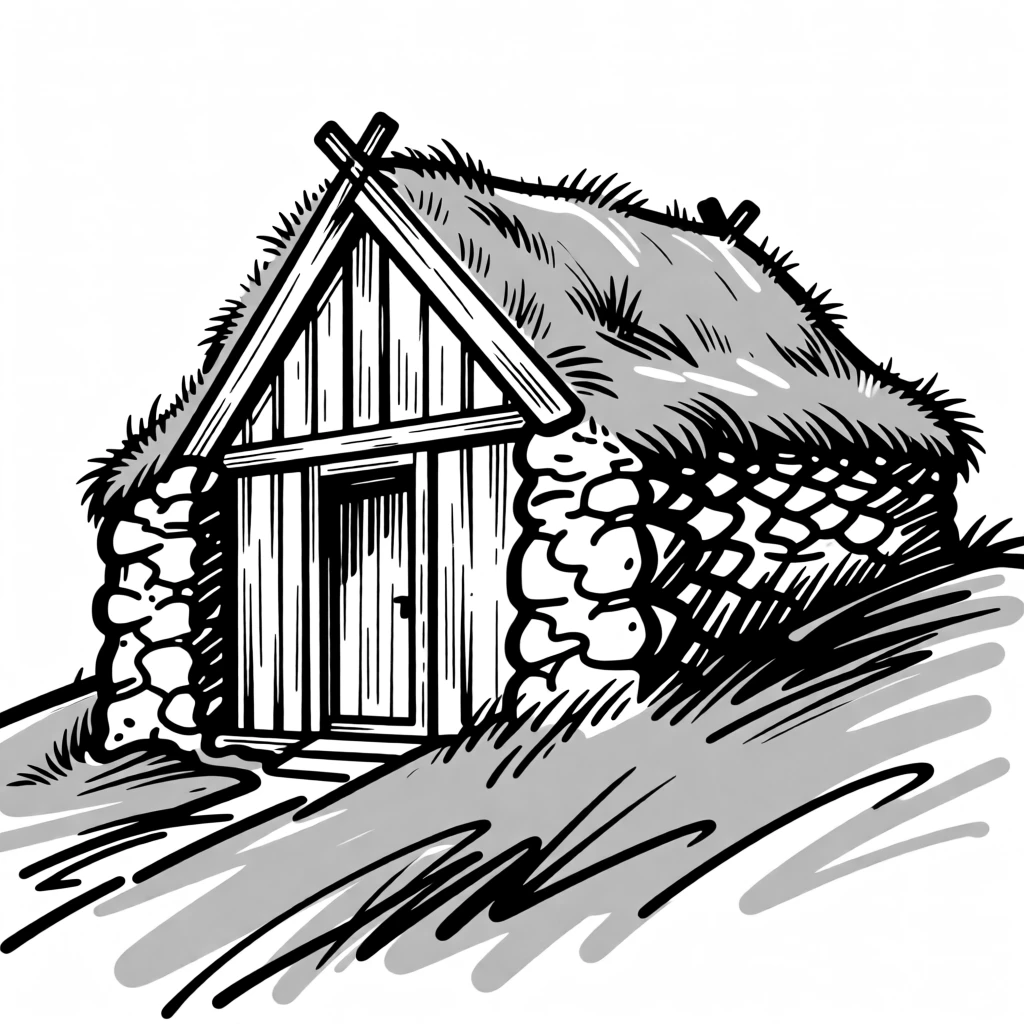 A traditional Icelandic turf house nestled into a green hillside.