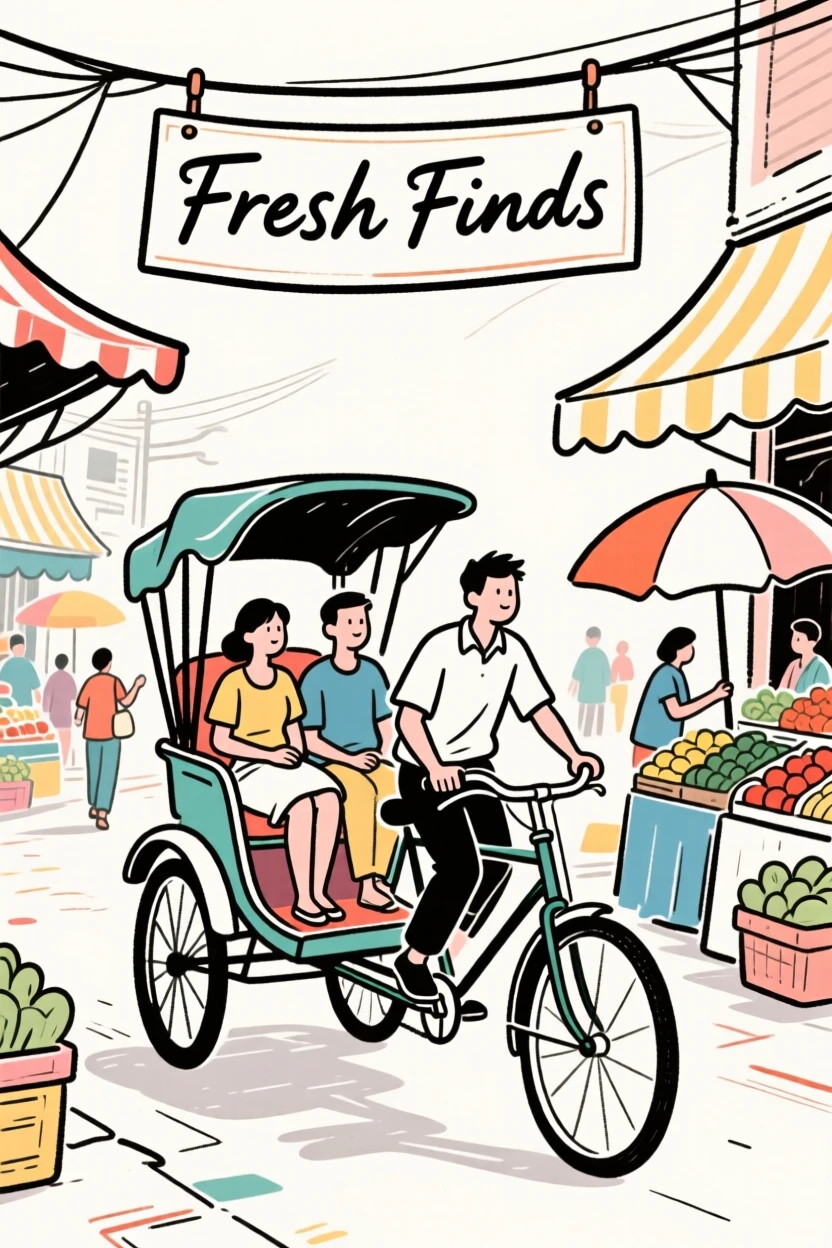 A rickshaw carrying passengers through a colorful market street.