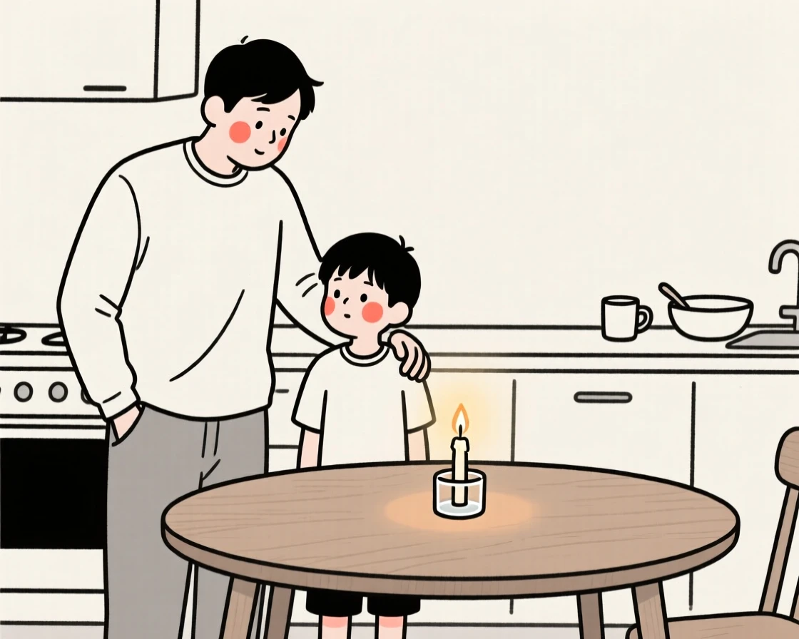 A father and son, full of curious wonder, in a cozy candlelit kitchen.