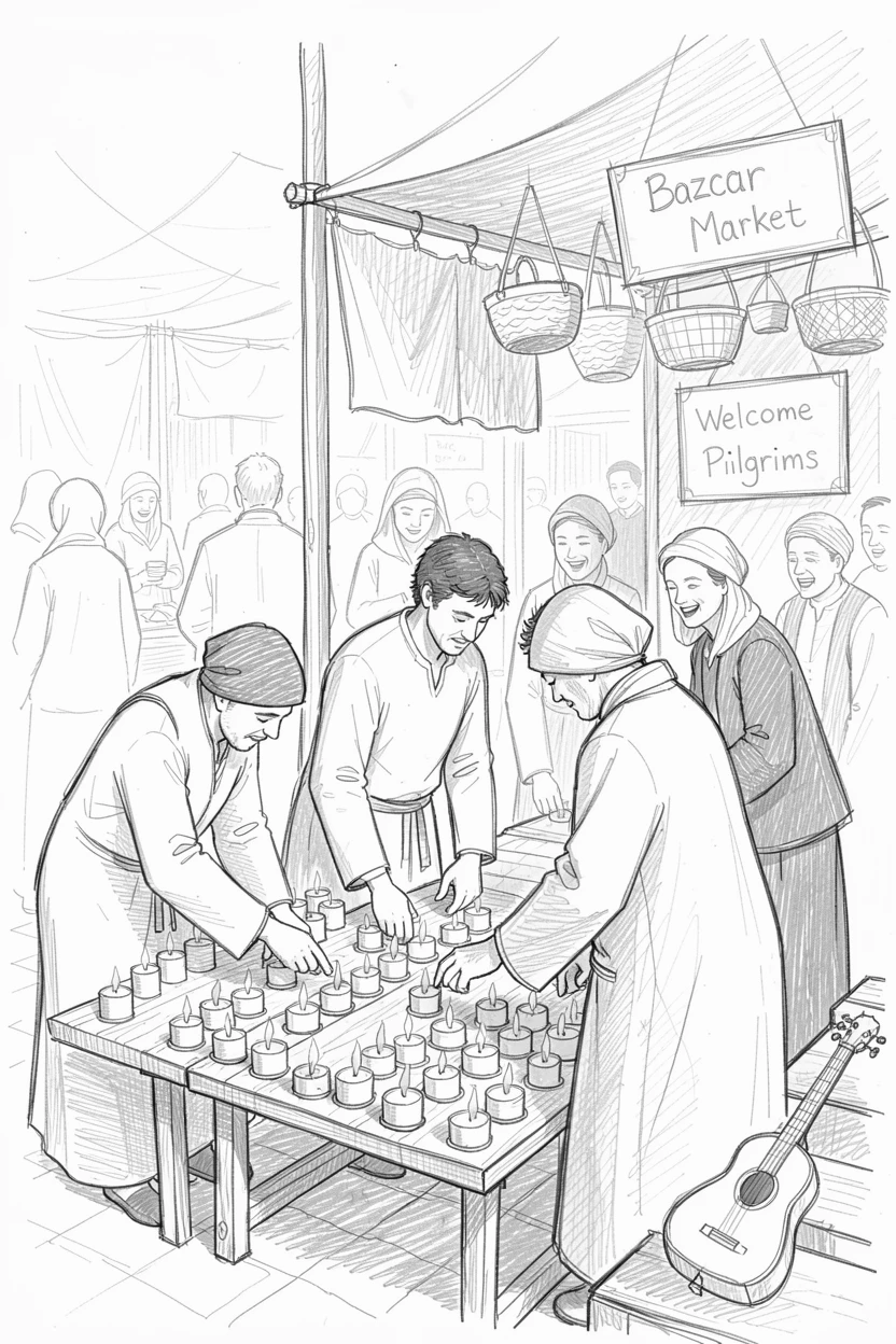 Pilgrims lighting rows of small candles, in a vibrant open-air bazaar, with music and laughter echoing nearby.