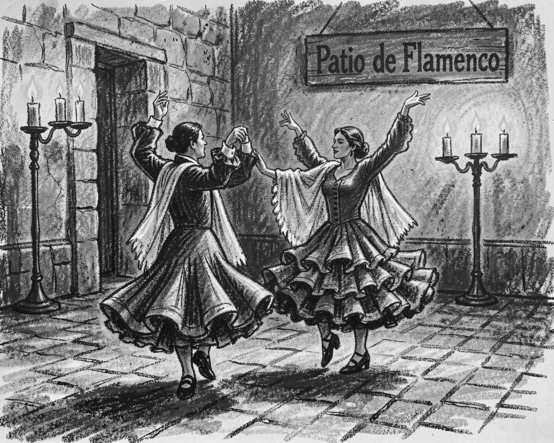 Dancers performing a traditional flamenco in a candlelit courtyard, as golden afternoon sun spills across the scene.