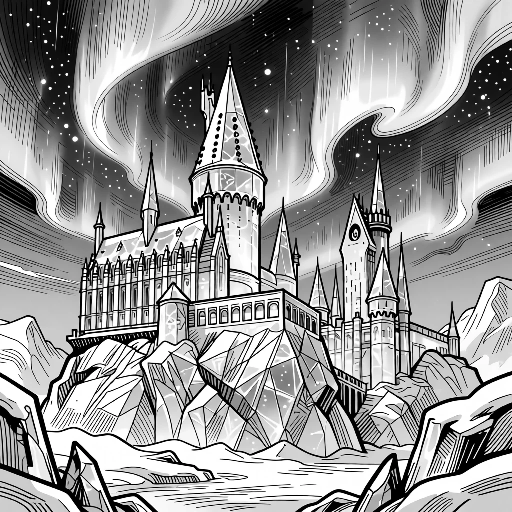 A castle built entirely of ice, glowing softly under the northern lights.