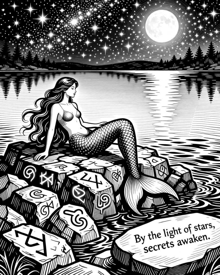 A mermaid resting on a moonlit reef on the shore of a lake reflecting the stars, with glowing runes etched into ancient stone, forming a richly imaginative fantasy scene.