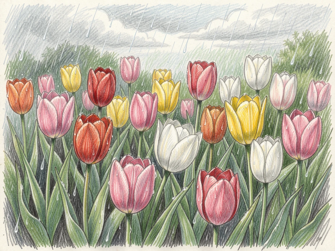 Spring showers falling softly on a garden full of blooming tulips, with a gentle play of light and shadow across the composition, evoking nostalgia and a deep sense of contentment.