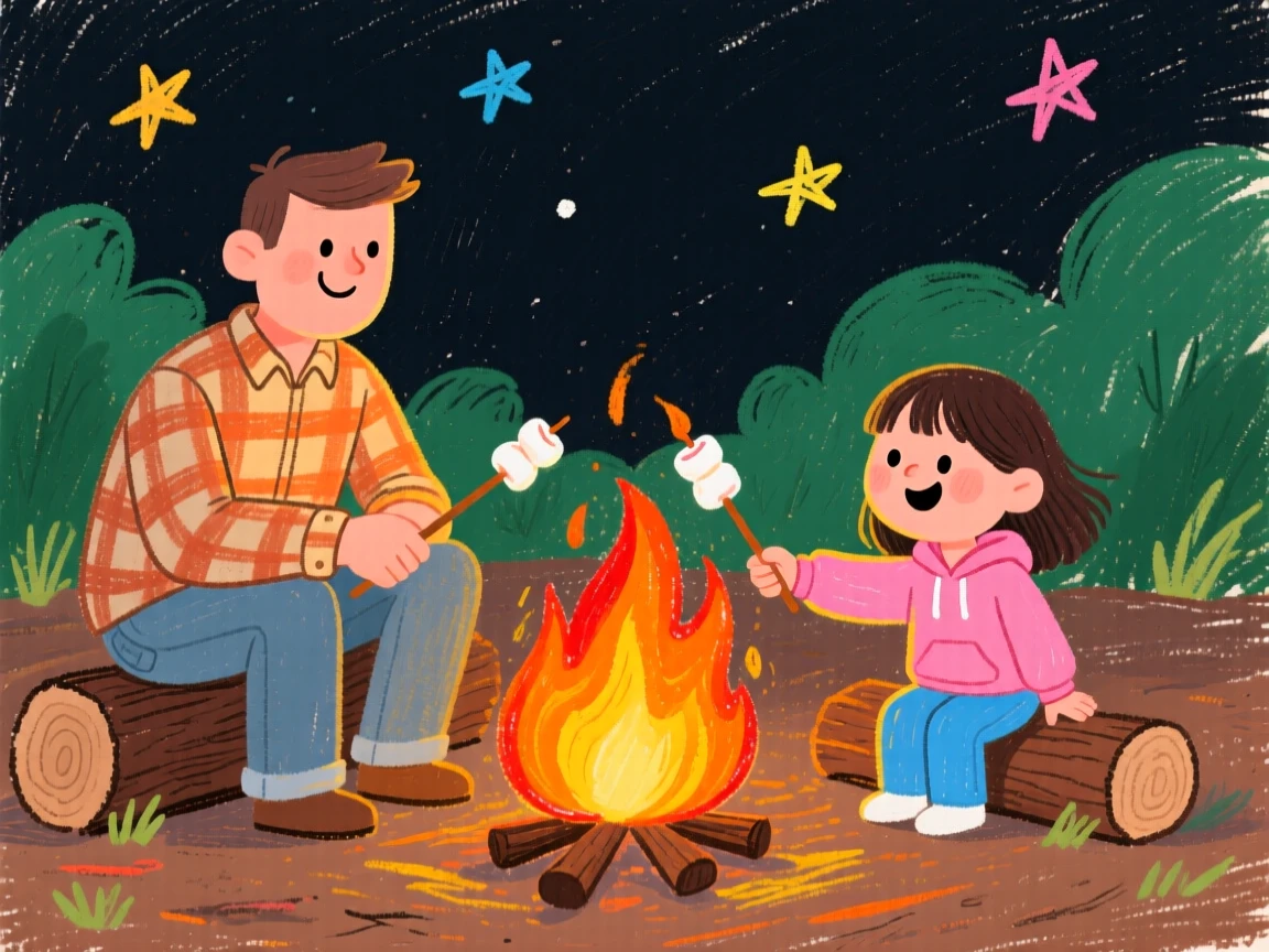 A father and daughter roasting marshmallows over a glowing campfire.