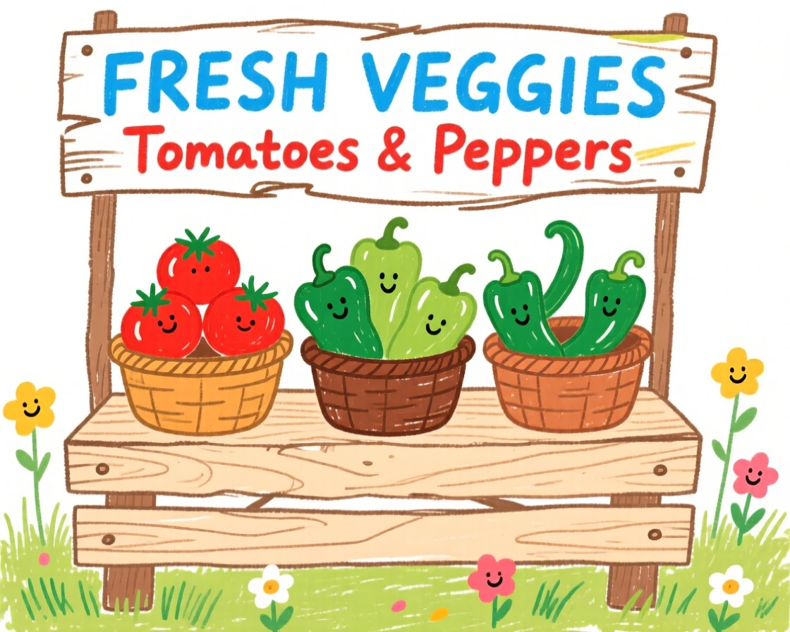 A garden vegetable stand with baskets of ripe tomatoes and peppers.