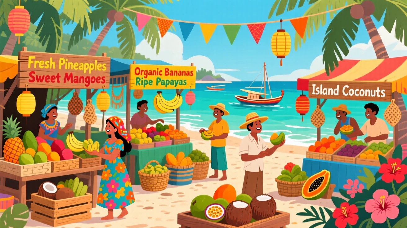 A colorful island market filled with tropical fruit stalls, surrounded by vibrant local color and charm, framed to highlight the destination's unique character, with a joyful, adventurous atmosphere.