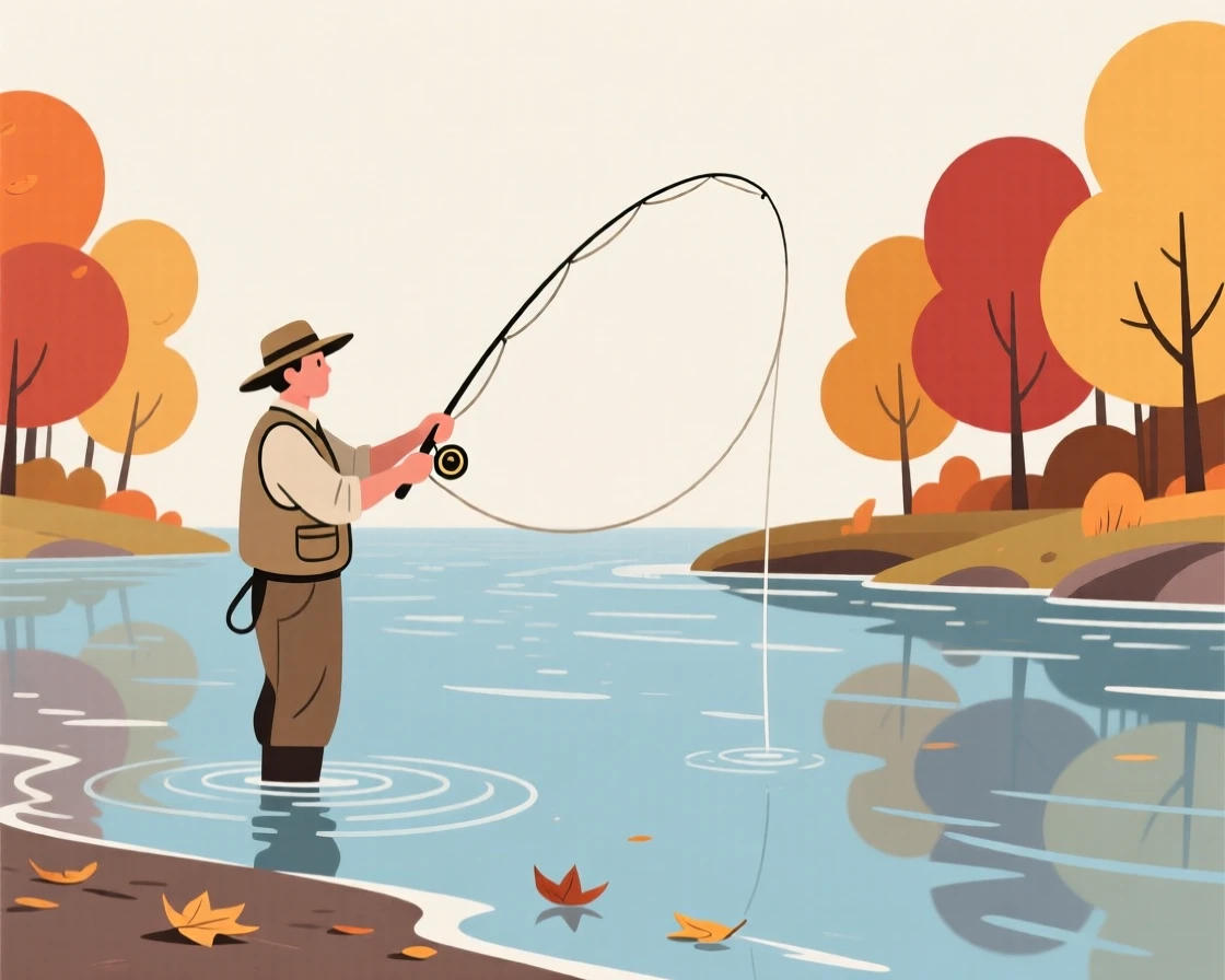 A person fly fishing in a calm river surrounded by autumn trees.