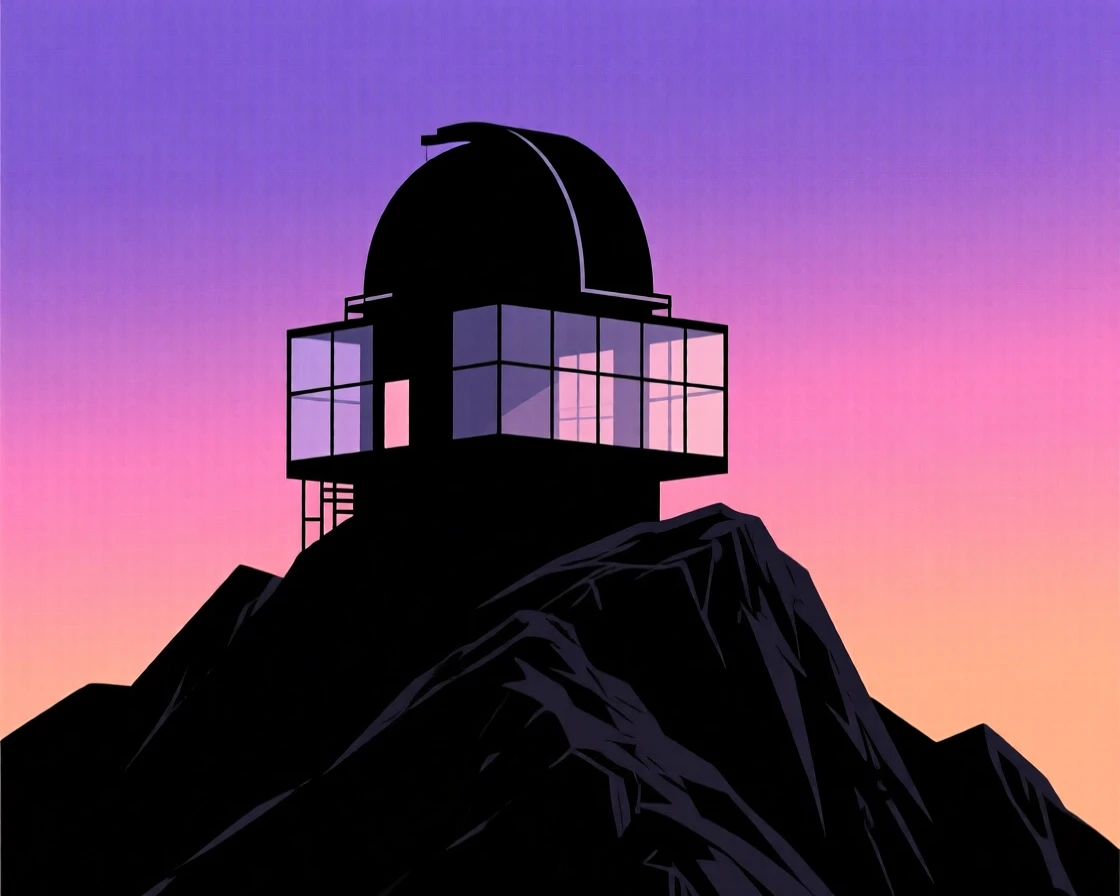 A modern glass observatory perched on a remote mountaintop.