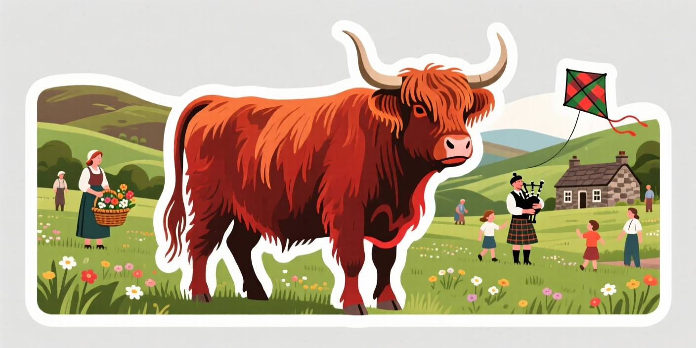 A culturally vibrant Scottish highland cow in a green pasture, with locals going about their day, in a moment worth remembering forever.
