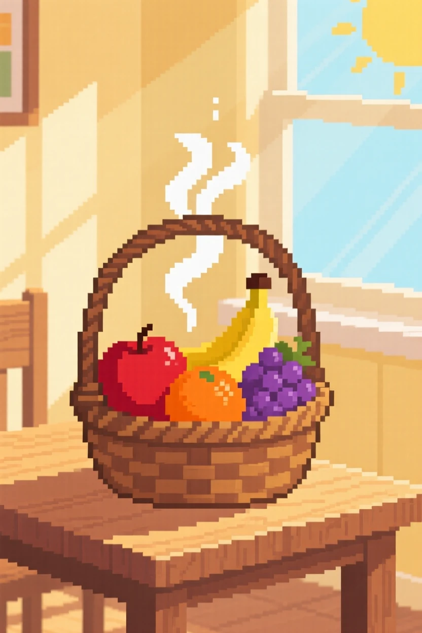 A basket of ripe fruit steaming gently in the morning light, in a sunlit breakfast nook.