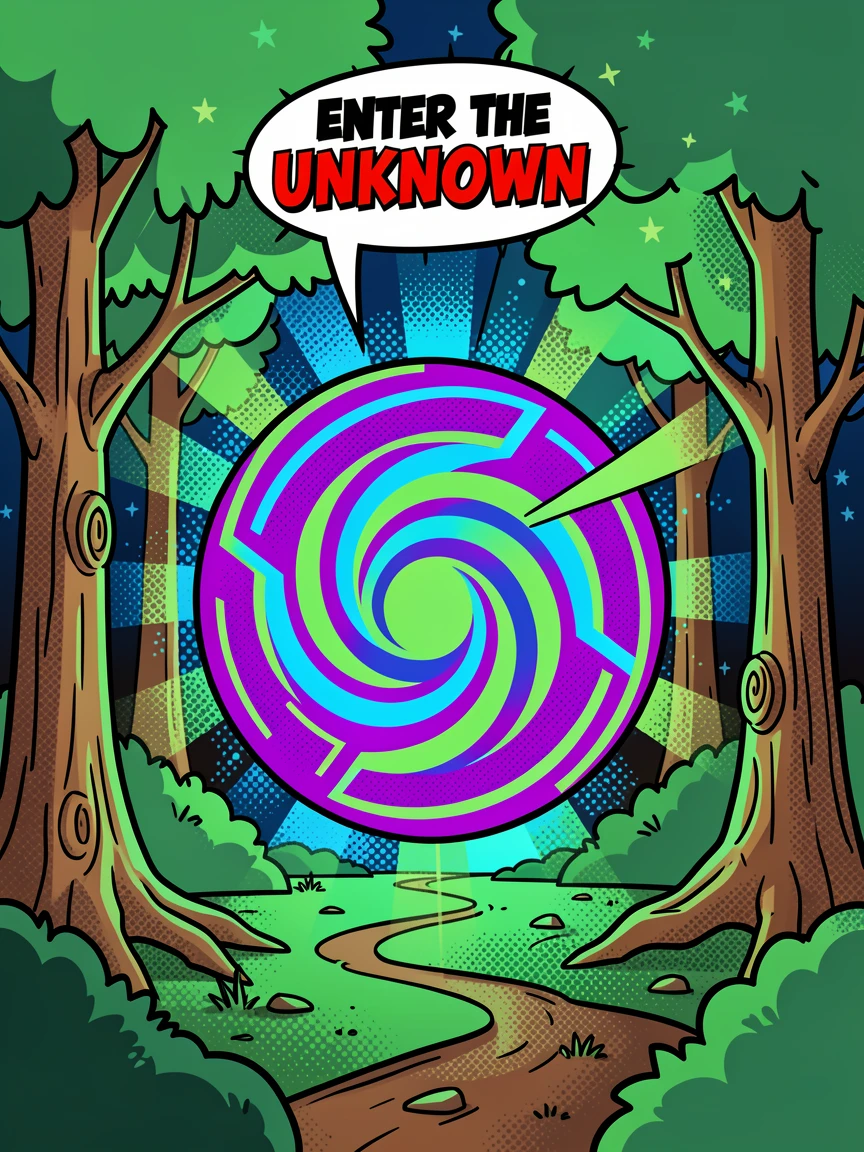 A mystical portal opening in the middle of an ancient forest