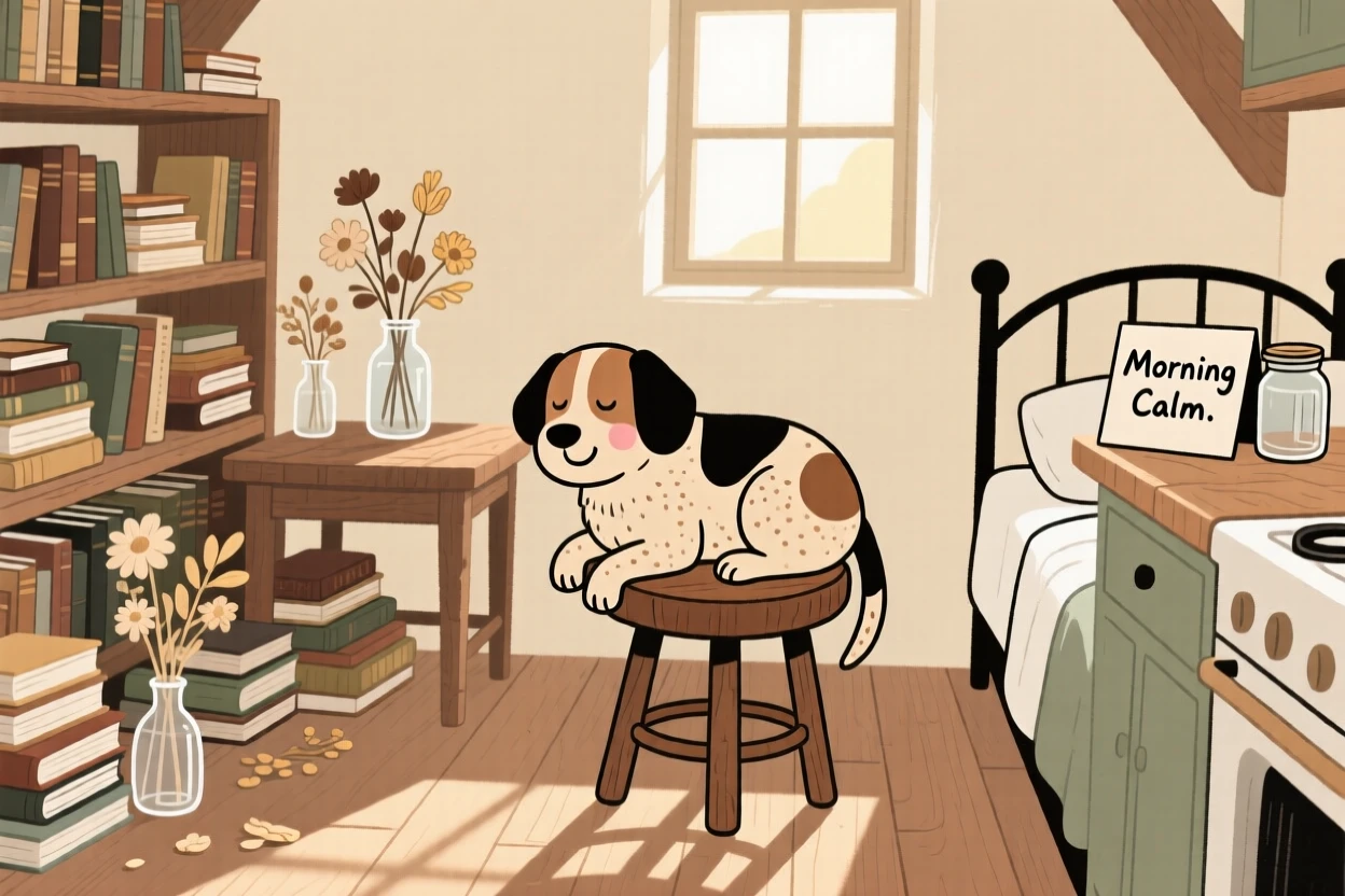 Morning light spills across a cottage bedroom filled with stacks of books and dried flowers, where a old dog naps peacefully on the kitchen stool.