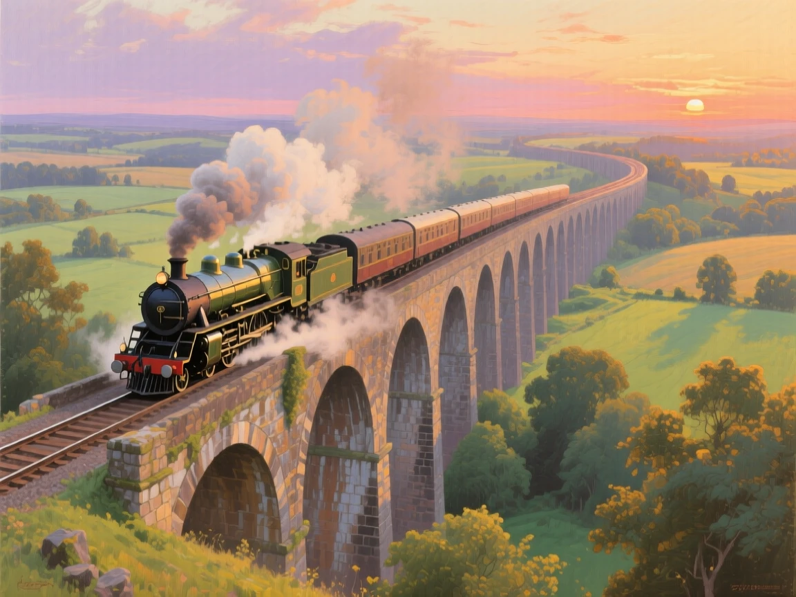A wide establishing shot of a steam locomotive thundering across a stone viaduct wreathed in smoke, in the height of summer, in the last light of sunset.