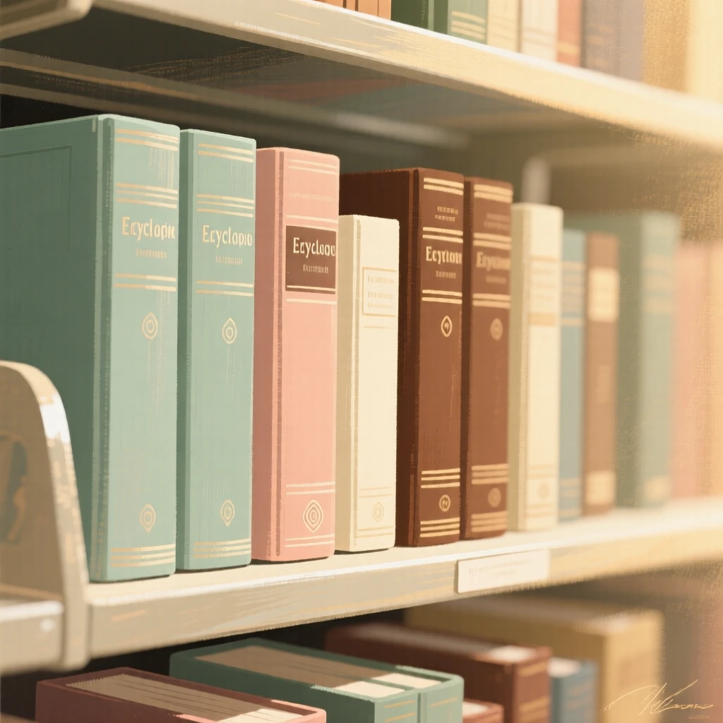 A vintage set of encyclopedias lined up on a library shelf