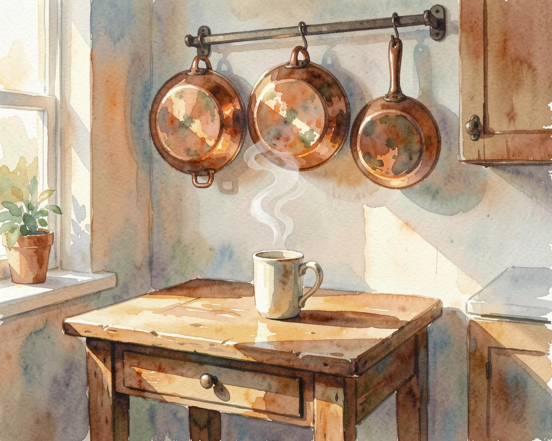 A sunlit kitchen with hanging copper pots with a steaming mug on a side table.