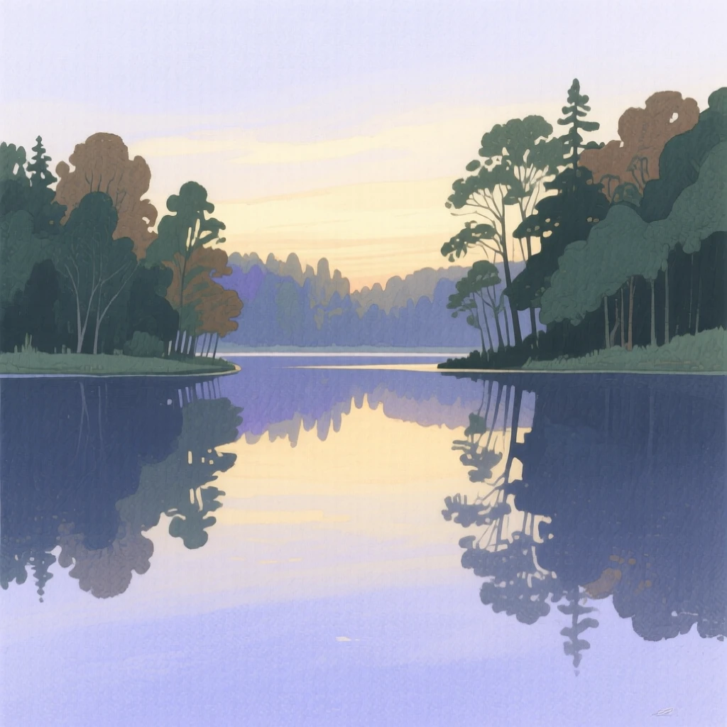 A serene view of a still forest lake, as the last light of day fades softly, evoking calm and quiet reflection