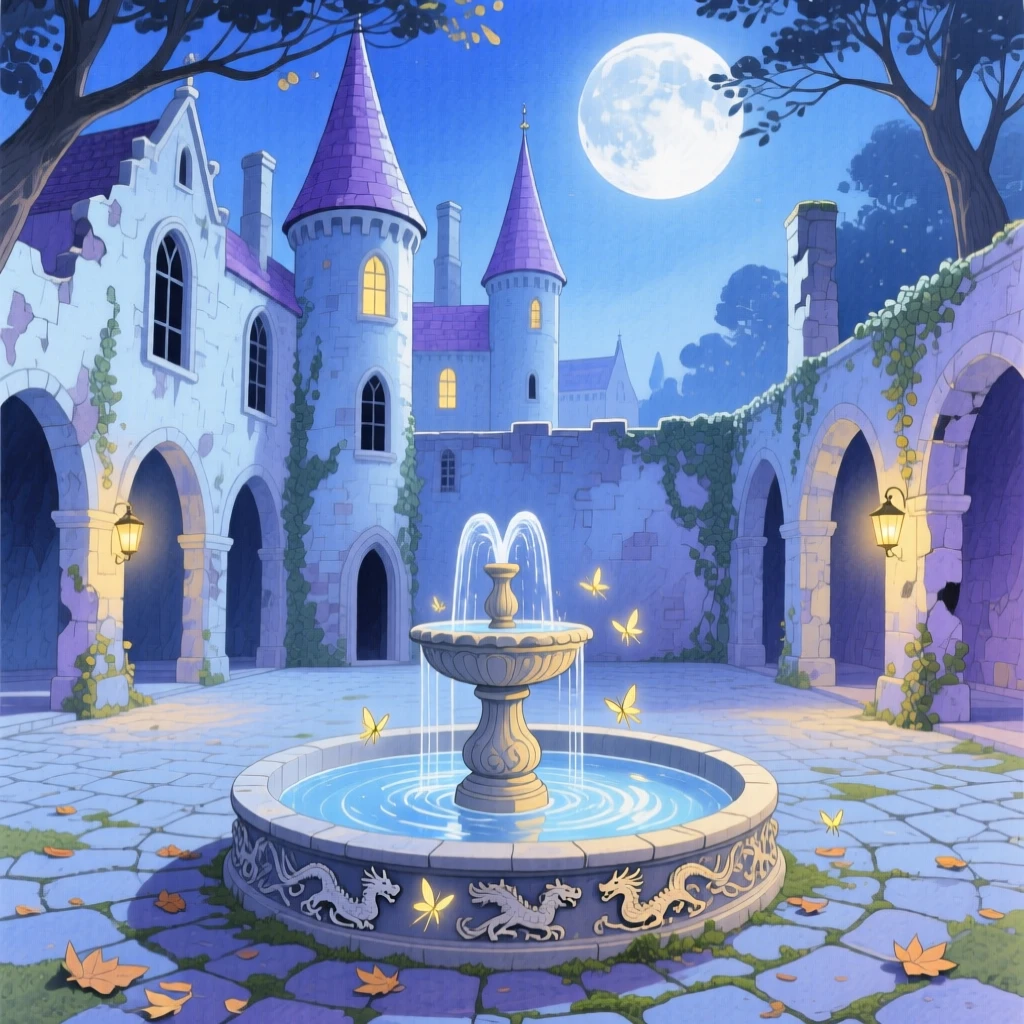 A moonlit courtyard of an abandoned fairy-tale palace, bathed in soft magical light.