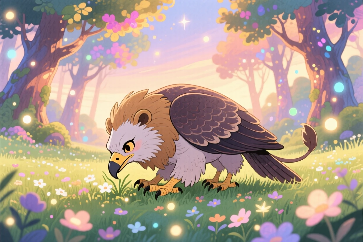 A wise old griffin grazing peacefully in a meadow of glowing flowers, in an enchanted forest at twilight, sparking pure childlike delight.