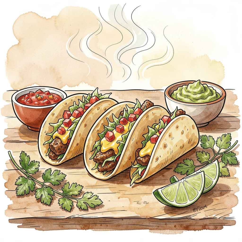 A colorful taco spread with lime wedges, salsa, and fresh cilantro, steam curling gently into the warm kitchen air.