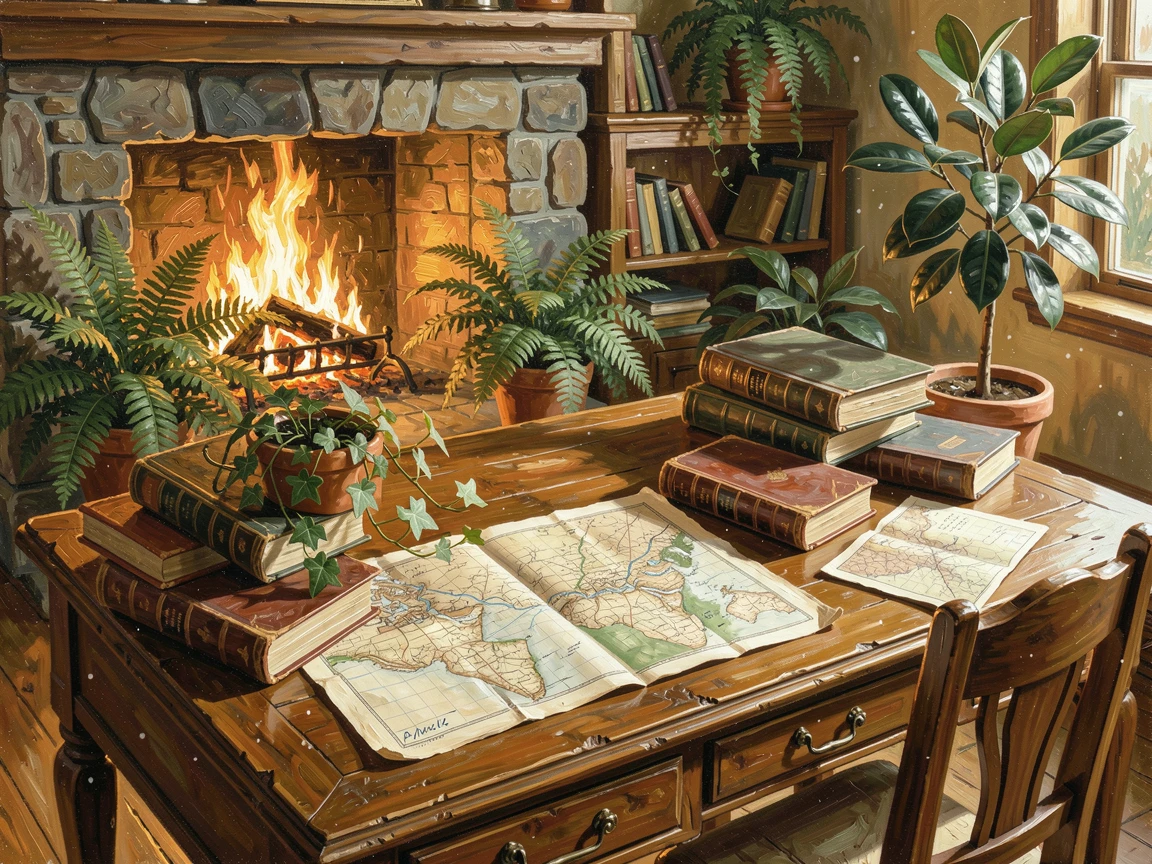 A warmly lit study filled with maps and old books, a fire crackling softly in the background, surrounded by potted plants catching the afternoon light, during a cozy winter evening.