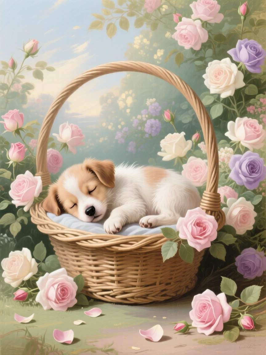 A tiny puppy asleep inside a basket of roses  