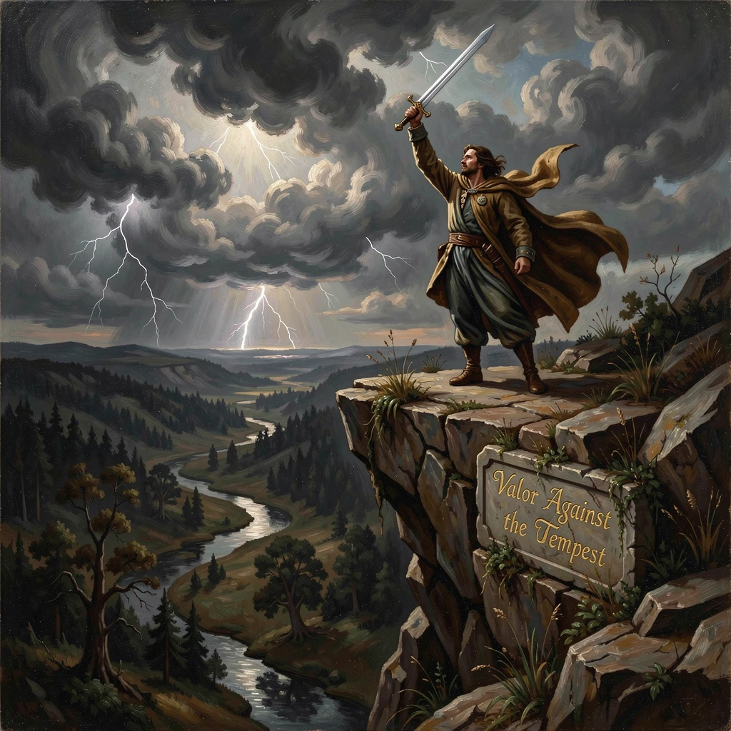 A hero stands atop a cliff, sword raised against a stormy sky.