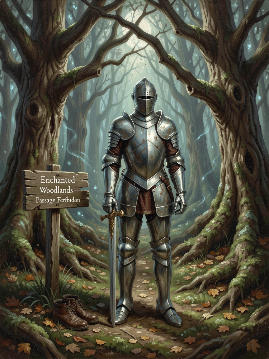 A lone knight in gleaming armor standing before a glowing enchanted forest, with weathered, realistic detail grounding the fantastical elements, combining epic scale with rich, immersive atmospheric detail