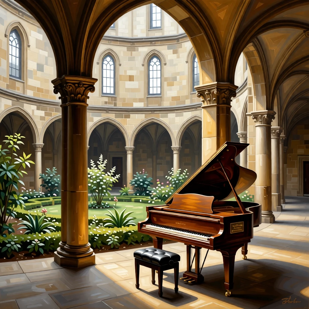 A monastery cloister with weathered stone arches and a central garden resonating with the faint echo of distant footsteps, set inside a grand academy of art and learning, with a single grand piano standing beneath a shaft of window light; warm interior light contrasts with cool light spilling in from outside, evoking timeless grandeur and quiet reverence.