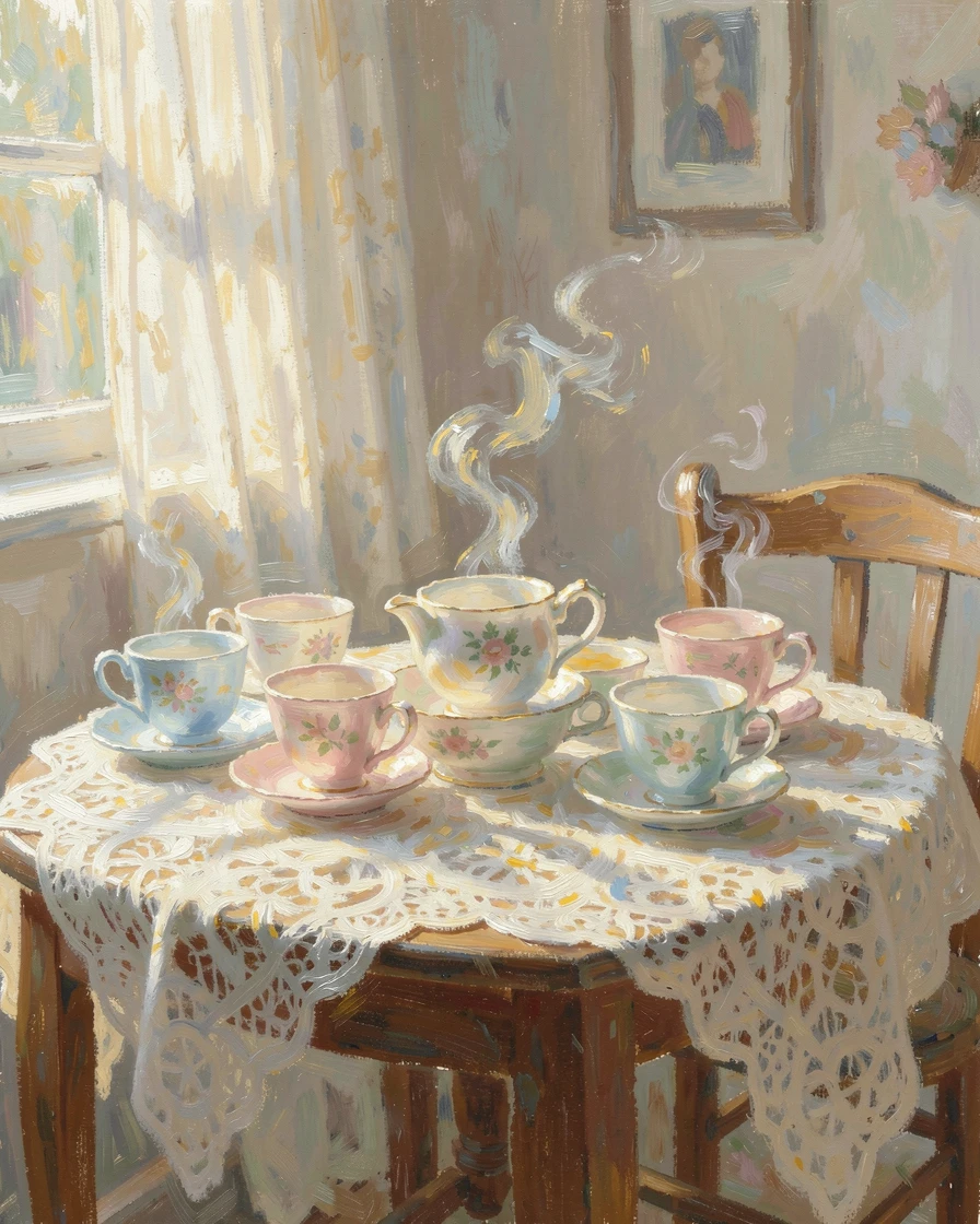 A cozy tea room with mismatched china, lace tablecloths, and steam rising from delicate porcelain cups, in the gentle hush of early morning, filled with warmth and nostalgia.