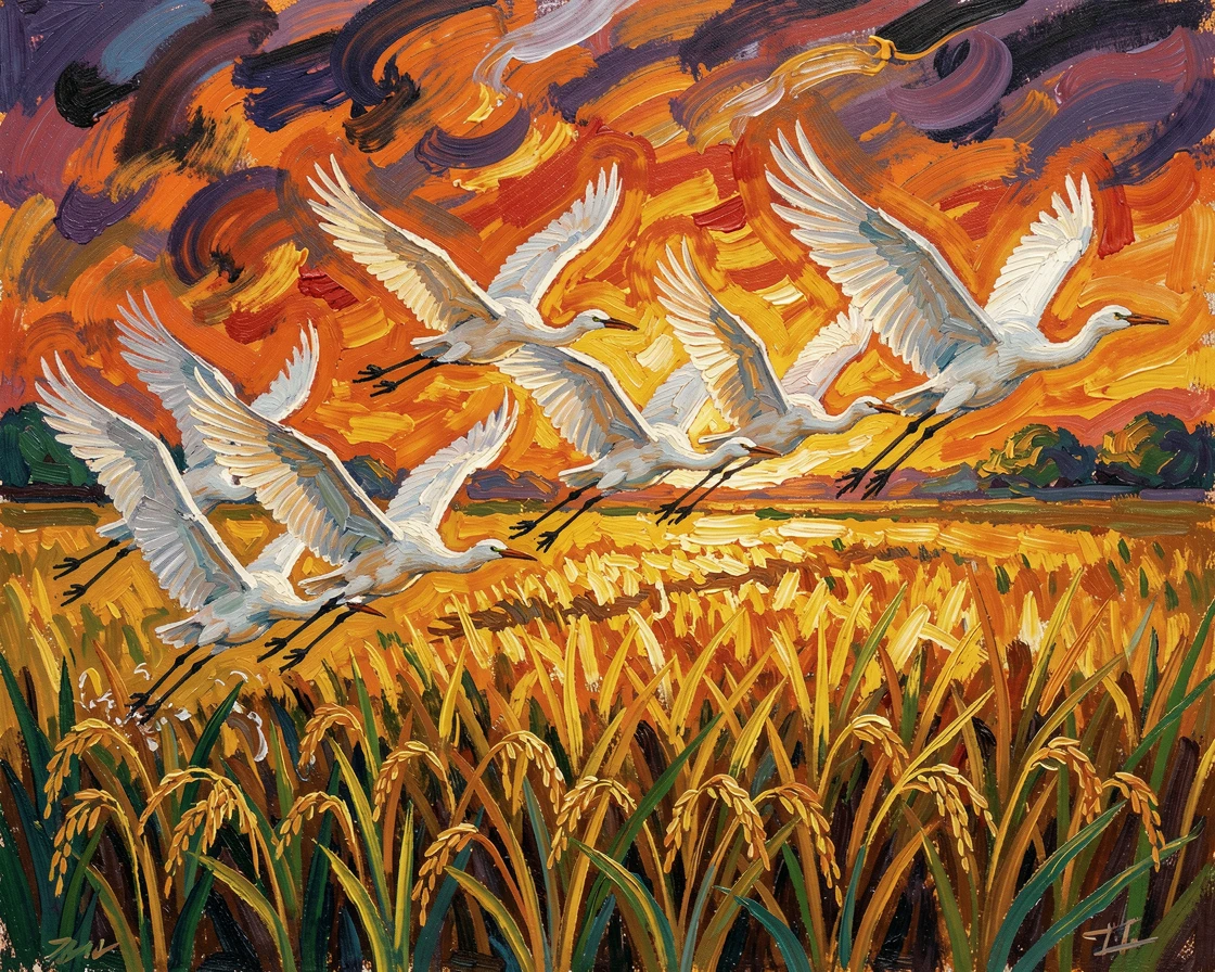 A flock of egrets taking flight from a golden rice paddy at sunset.