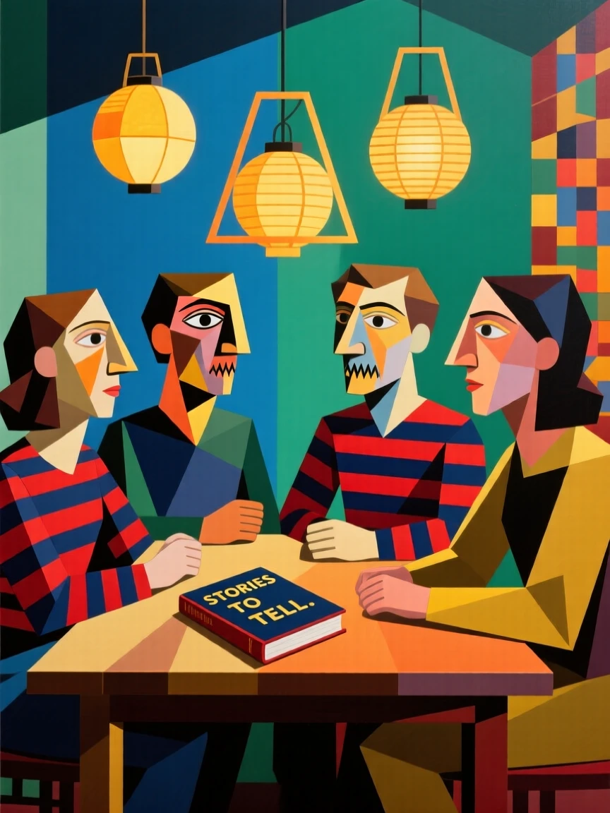 A group of friends sharing stories around a table lit by hanging lanterns.