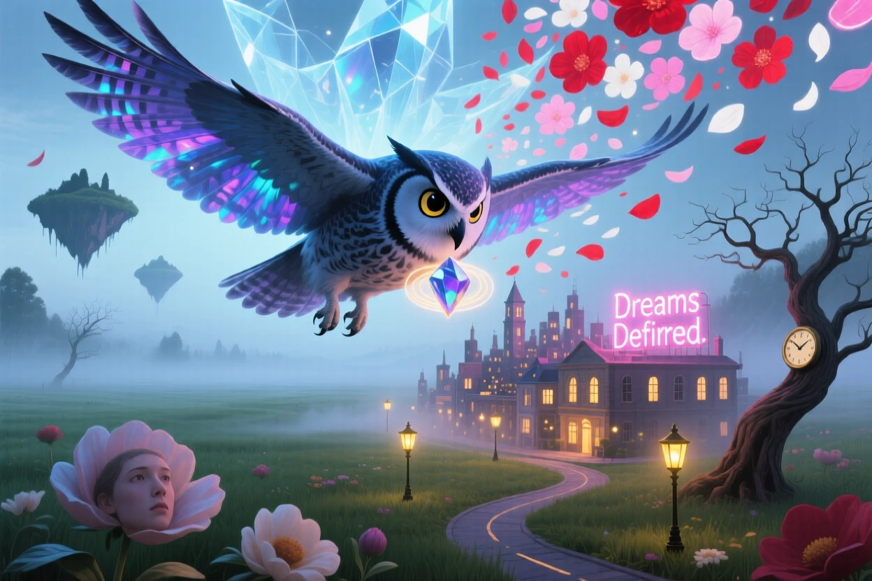An owl with a tiny glowing city nestled between its wings moves silently through a fog-covered meadow, as flower petals fall gently from a clear sky.